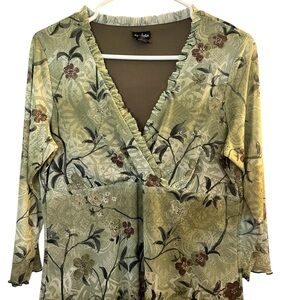 90s Y2K Vintage Olive Mesh Top Blouse XL Brown Boho Fairy Grunge Whimsigoth